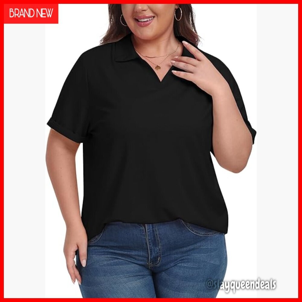 Plus Size V-Neck Golf Polo Shirt Loose Fit Moisture Wicking Activewear